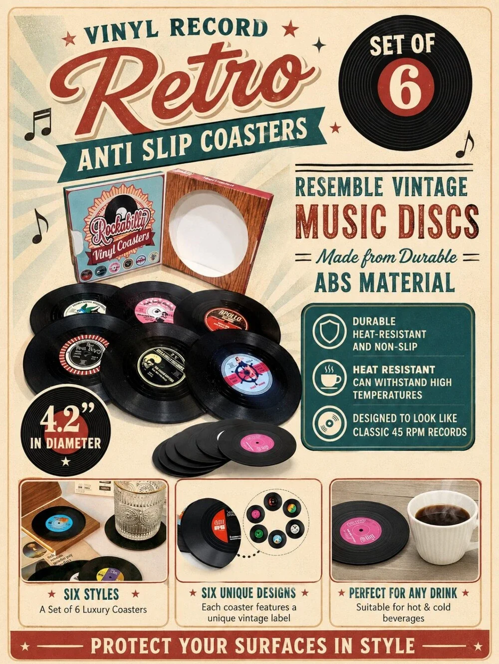 Set of 6 Vinyl Record Retro Anti Slip Coasters In Box